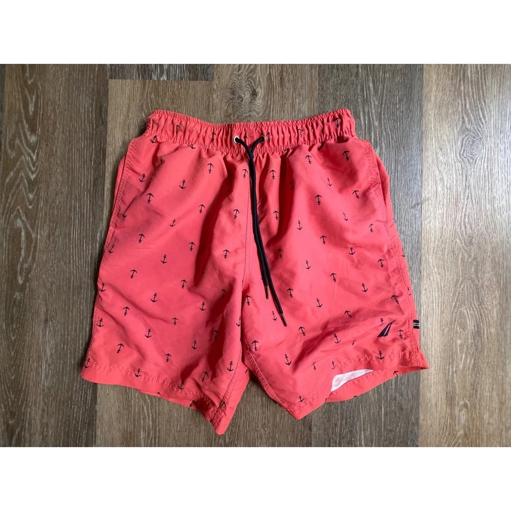 Nautica Swim Trunks Mens Medium‎ Coral Pink Anchor Print Drawstring Shorts